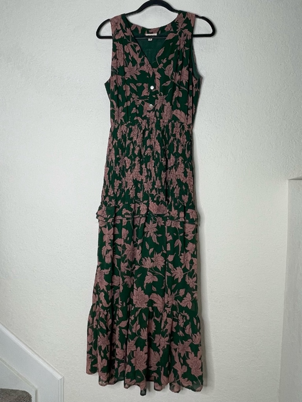 POL Floral Maxi Dress Small Green Pink Boho Smocked Tiered Sleeveless